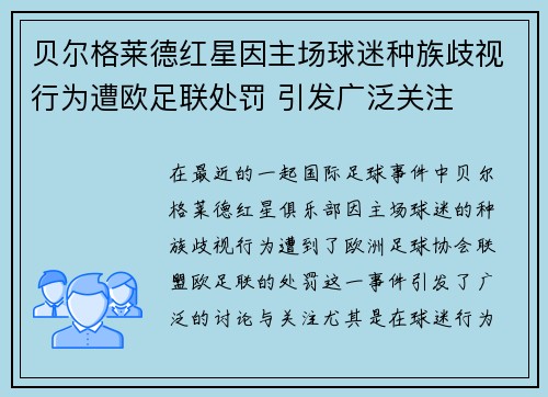 贝尔格莱德红星因主场球迷种族歧视行为遭欧足联处罚 引发广泛关注